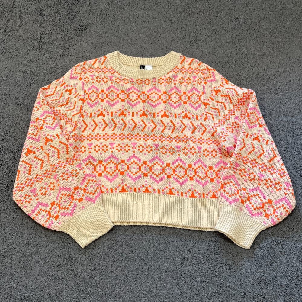 H&M Divided Jacquard Knit Pink Orange Pullover Crewneck Sweater Women's Size S